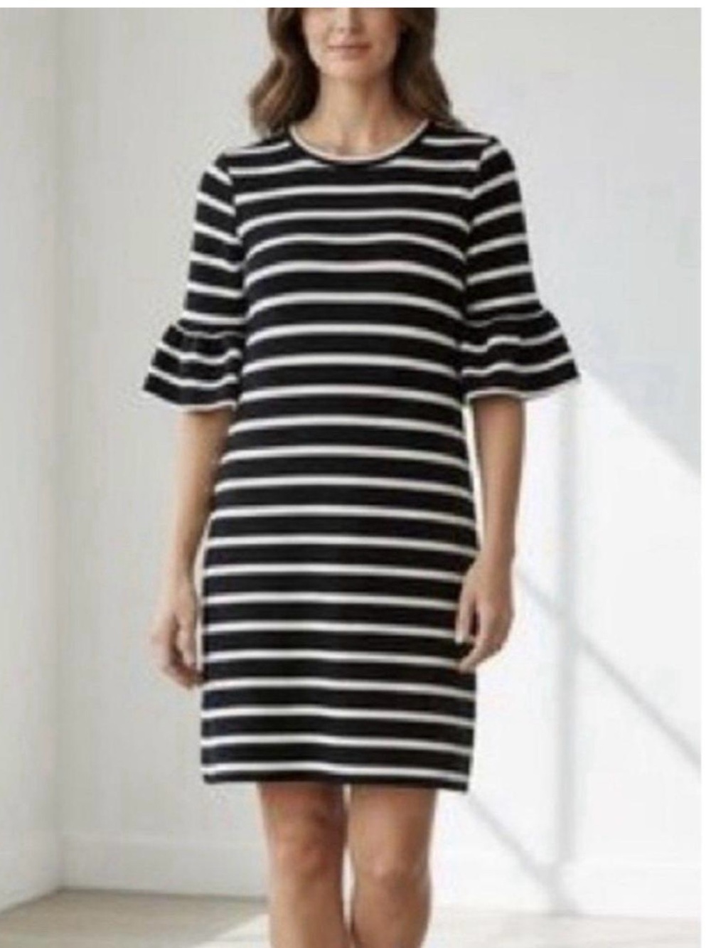 J. Crew Black and White Striped Ruffle Sleeve Mini Dress
